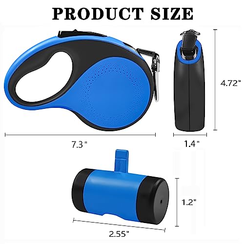 Huhaneon Retractable Dog Leash with Waste Bag Dispenser and Flashlight, 16ft Dog Leash for Small Medium Dogs up to 66lbs, One Button Break & Lock,360°Tangle Free, Soft Anti Slip Grip,Blue
