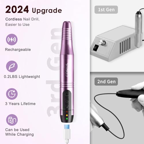 COSLUS Cordless Nail Drill Electric File: Professional for Acrylic Gel Dip Powder Nails Portable Nail Drill Machine Kit for Manicure Pedicure Nail Set with Everything Rechargeable Lightweight Purple