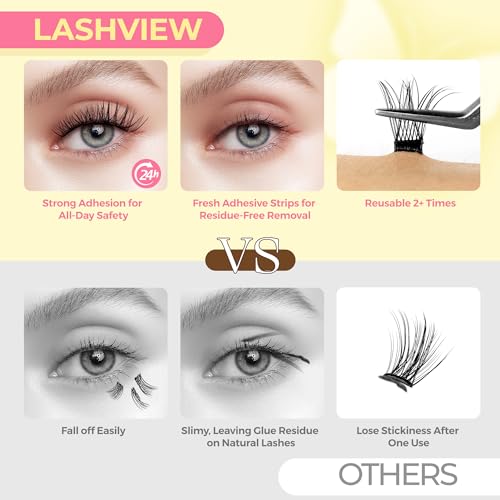 LASHVIEW Self Adhesive Lash Clusters Eyelashes,Press-on Lashes 10-16mm Individual Lash Extension Kit with Lash Tweezers,No Glue Needed Natural Self Adhesive DIY Eyelash Extension Kit 60pcs (A01)