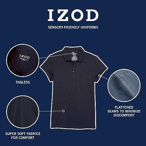 IZOD Girls' School Uniform Sensory-Friendly Short Sleeve Polo Shirt, Navy, 4-5