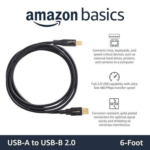 Amazon Basics USB-A to USB-B 2.0 Cable for Printer or External Hard Drive, Gold-Plated Connectors, 6 Foot, Black