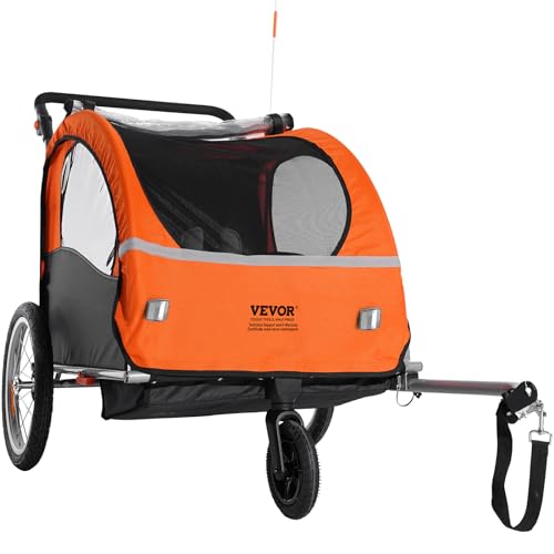 VEVOR Bike Trailer for Toddlers, Kids, Double Seat, 100 lbs Load, 2-in-1 Canopy Carrier Converts to Stroller, Tow Behind Foldable Child Bicycle Trailer with Universal Bicycle Coupler, Orange and Gray