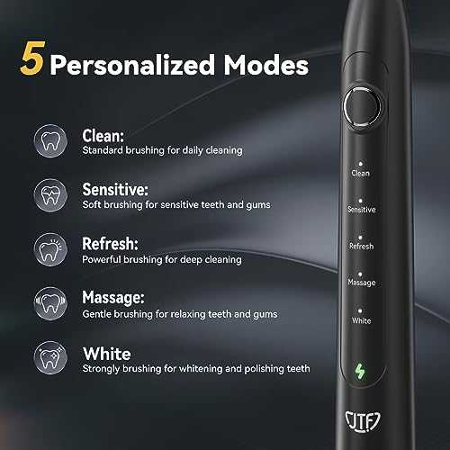 JTF Electric Toothbrush for Adults, Sonic Electric Toothbrushes with 6 Brush Heads, One Charge Last 90 Days, 5 Modes with 2 Minutes Built in Smart Timer, Power Rechargeable Toothbrush(Black)