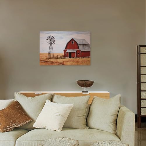 DOARTDO Old Barn Canvas Wall Art Farmhouse Windmill Pictures Country Blue Barn White Flowers Painting for Living Room Home Decor Frame (Barn - 1, 12.00" x 18.00")