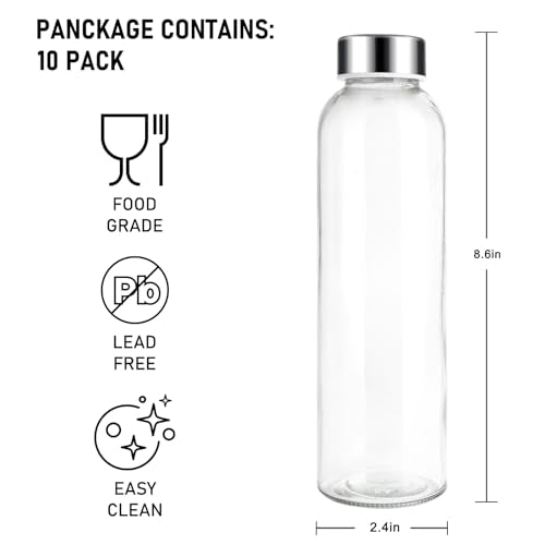 Hydraful 18 oz Glass Juice Bottles with Lids, Glass Juicing Bottles, Reusable Glass Water Bottles with Stainless Steel Airtight Cap for Refrigerator, BPA Free, Leak Proof, Eco-Friendly, Set of 10