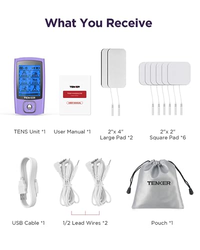 TENKER TENS Unit Muscle Stimulator, 24 Modes TENS EMS Machine for Pain Relief Therapy/Pain Management, Rechargeable Electronic Pulse Massager with 2"x2" and 2"x4" TENS Unit Electrode Pads