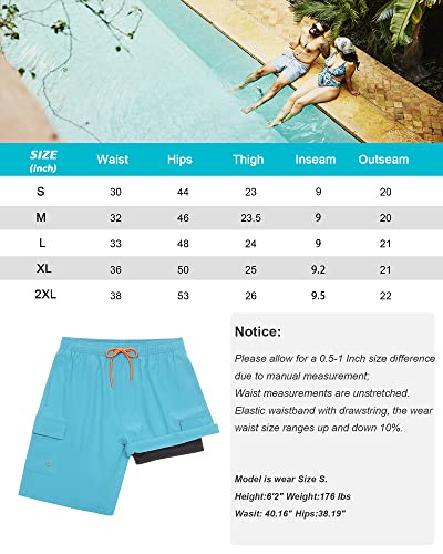 SILKWORLD Mens Swim Trunks Quick Dry Bathing Suits Compression Liner Beach Swimming Shorts with Pockets, Blue Gradient, Medium