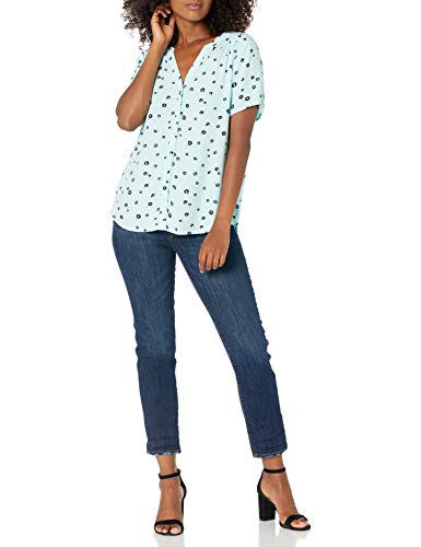 Amazon Essentials Women's Relaxed-Fit Short-Sleeve Woven Blouse, Aqua Blue Poppy, X-Small
