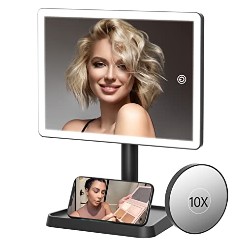 FUNTOUCH Rechargeable Makeup Vanity Mirror with Lights, Large Lighted Desk Makeup Mirror with 96 LED Lights and 10x Magnifying, 3 Color Lighting, Make up Light Mirror with Phone Holder