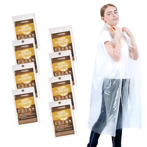 VOISEN Rain Ponchos,8 Pack Emergency Rain Ponchos with Drawstring Hood, Disposable Rain Ponchos Family Pack for Adults,Clear
