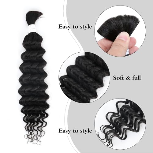 Deep Wave Bulk Human Hair for Braiding 1 Bundle 50g 28 Inch No Weft 10A Brazilian Virgin Curly Human Hair Extensions for Boho Braids Wet Wavy Human Braiding Hair (28",1B)