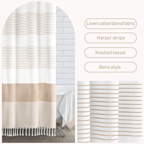 Awellife Boho Pink Shower Curtain for Bathroom Stripe Tassel Shower Curtain 72 X 72 Inches Farmhouse Linen Girls Coral