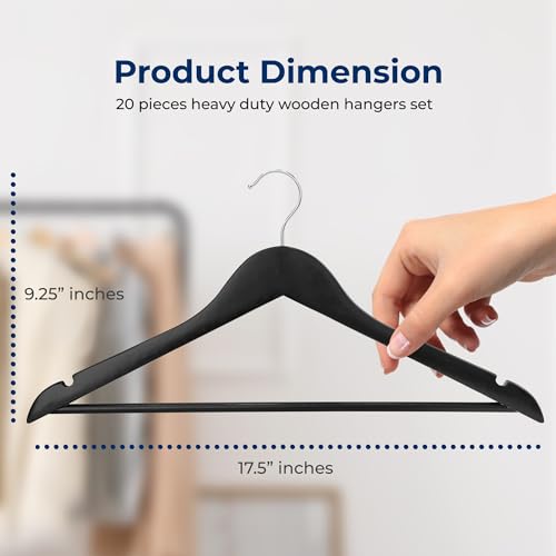 SereneLife Wooden Hangers 10 Pack, Non-Slip, Sturdy, Heavy Duty Suit Hanger Set with 360° Chrome Swivel Hook, Space-Saving Wood Hangers Closet Organizer for Clothes, Coat, Pants, Dress (Black)