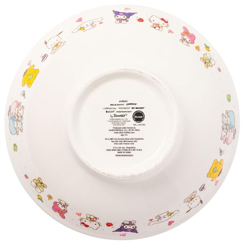 Silver Buffalo Hello Kitty and Friends Little Twin Stars, Pompompurin, Pochacco, Cinnamoroll, Kuromi, My Melody, and Keroppi Ceramic Ramen Noodle Rice Bowl with Chopsticks, Microwave Safe, 30 Ounces