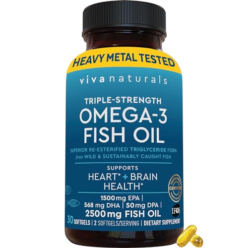 Viva Naturals Triple Strength Omega 3 Fish Oil Supplement - 2500 mg Fish Oil with Re-Esterified Omega 3 Fatty Acids Including EPA, DHA DPA - 30 Pescatarian-Friendly Softgels