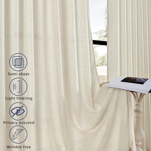 DaysU Linen Curtains 132 Inches Long 2 Panels Set for Bedroom/Living Room, Ivory Semi Sheer Farmhouse Curtains, Rod Pocket Hook Belt Long Curtains & Drapes, Light Filtering Privacy Added, W54 x L132