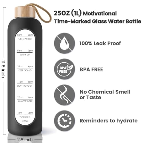 PROBTTL 25 oz Glass Water Bottles - Time Marker Motivational Borosilicate Glass Water Bottle With Silicone Sleeve and Bamboo Lid, Leak Proof, Reusable, BPA Free (Black)