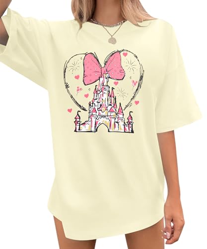 Magic Castle Oversize Shirt Women Magic Kingdom T Shirt Fairy Tale Graphic Tee Cartoon Kingdom Tops Holiday Vacation Shirts Apricot