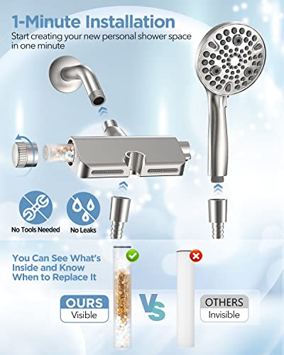 MakeFit Filtered Shower Head with Handheld Combo Brushed Nickel - Dual 2-in-1 Spa System with Massage Shower Head and 10 Modes Hand Held Shower Head, High Pressure, Buit in Power Wash Mode