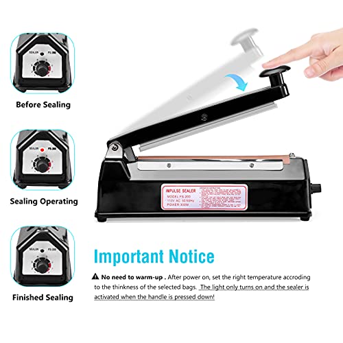 METRONIC 8 inch Bag Sealer, Black Impulse Heat Sealer for Plastic Bags, Poly Bag Sealing Machine with Repair Kit. Clean, Crisp and Fast Sealing Machine