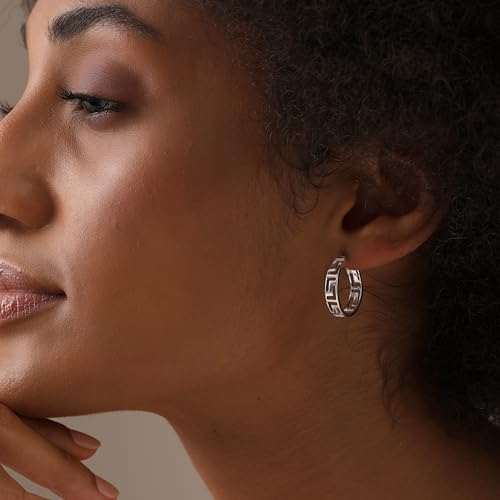 LeCalla 925 Sterling Silver Jewelry Light-Weight Greek Wall Cut-Out Hoop Earrings for Women Teen 20MM