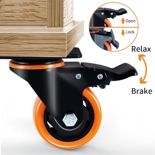 SOCHER 5 Inch Plate Caster Wheels, Heavy Duty 5” Casters Set of 4 with Brake,No Noise Polyurethane Wheels and Safety Dual Locking casters, Swivel Plate Castors (Two Hardware Kits)(5 inch)