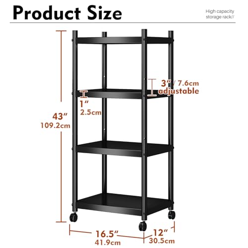 caktraie 4-Shelf Heavy Duty Shelving,Metal Utility Storage Racks with Rolling Wheels, Adjustable Kitchen Storage Rack, Black…