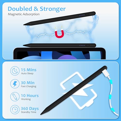 Stylus Pen for iPad: Fast Charge for iPad Pencil with Palm Rejection Tilt Sensitivity for iPad Pen Stylus Compatible with iPad Pro 11/12.9in, iPad 6-10, iPad Air 3/4/5, iPad Mini 6/5 Gen (2018-2023)