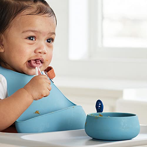 NumNum Suction Bowl + Pre-Spoon GOOtensils Self Feeding Set for Babies & Toddlers | Baby Spoon Set (Stage 1+ 2) | 100% Food Grade Silicone BPA-Free | Strong Suction | 4 months+ (Blue/Glacier Green)