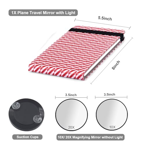 Travel Mirror with Light and Round 10X 20X Magnifying Mirror, PU Leather Travel Makeup Mirror with 3 Light Settings, Portable LED Lighted Makeup Mirror of 8 * 5.5inch, with 2000mAh