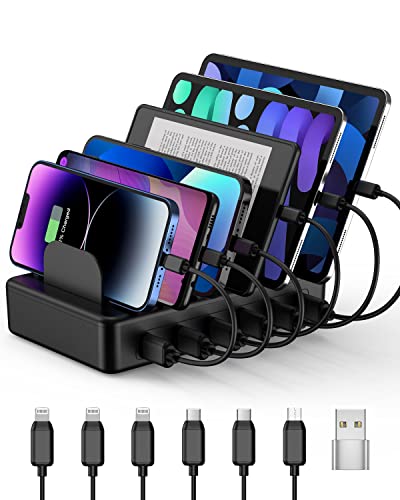 CREATIVE DESIGN Charging Station, 50W 6 Ports Multi Charger Station with 6 Charging Cables, USB Charging Dock for Multiple Devices, Compatible with Cellphone iPad Kindle Tablet and Other Electronic