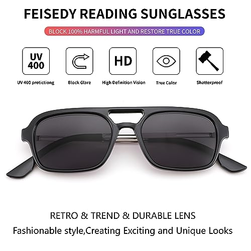 FEISEDY Reading Glasses for Women Men Vintage Square 70s Flat Aviator Sunglasses Anti Glare Eyestrain B2992 Black 1.5x