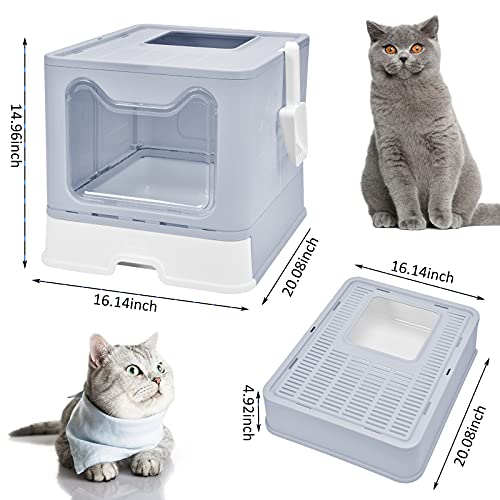 Cat Litter Box with Lid, Top Entry Cat Litter Box Pan, Enclosed Cat Potty, Anti-Splashing Cat Toilet, Foldable Litter Box Large Covered Cat Supplies with Scoop Brush and Garbage Bag