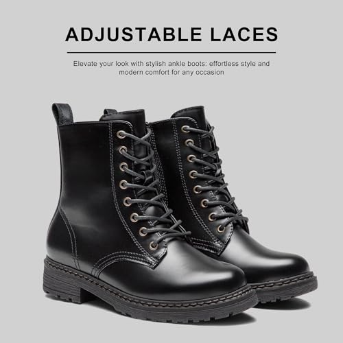 Vepose Women’s Black Combat Ankle Boots, Lace up Classic Eight Eyes Short Low Heel Zipper 9622 Booties, Size 6M US, (CJY9622 blackpu 06)