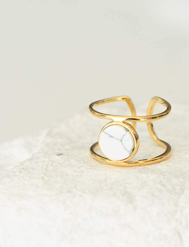 Coin White Simulated Howlite Geometric Stone Double Line Simple Ring