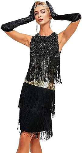 1920s Vintage Inspired Sequin Embellished Fringe Gatsby Flapper Tassel Dress w/ 20s Accessories Set Black Gold