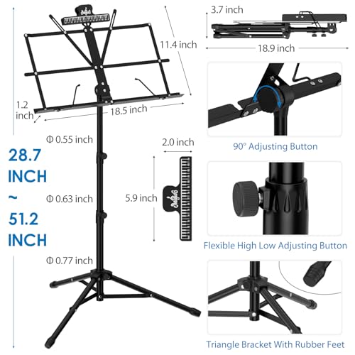 K KASONIC Music Stand, 2 in 1 Dual-Use Folding Sheet Music Stand & Desktop Book Stand, Portable Lightweight with Music Sheet Clip Holder Carrying Bag