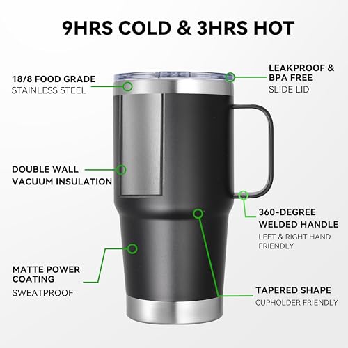 Abbrevi 20 oz Stainless Steel Tumbler with Handle Metal Insulated Coffee Travel Mug with Handle Double Wall Tumbler Cup with Lid and Straw, Black 1 Pack
