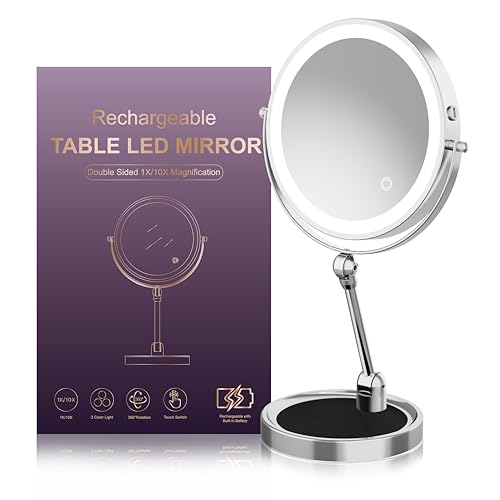 9" Large Lighted Makeup Mirror with 1X/10X Magnification, 4000mAh Rechargeable Vanity Mirror with Height Adjustable & 3 Color Dimmable Lights, 360°Swivel Double Sided Tabletop Cosmetic Mirror