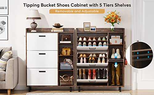 Tribesigns Shoe Cabinet, Flip Drawers Shoe Storage Cabinet for Entryway with 3 Flip Drawers and 5 Shelves, Freestanding Shoes Cabinet for Closet, Living Room, Bedroom, Brown & White