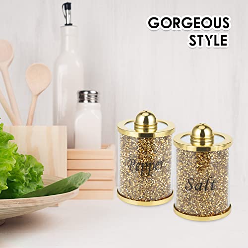 Crushed Diamond Pepper Salt Shakers Storage Container Pots Jars Set with Mirror Tray 3PCS Kitchen Canisters for Home Decor (Gold)