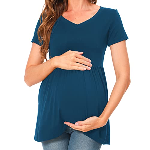 Bearsland Maternity Tops Short Sleeve Scoop Neck Maternity Shirt Pregnancy Clothes，Black&Iron Grey&Moka Brown,S