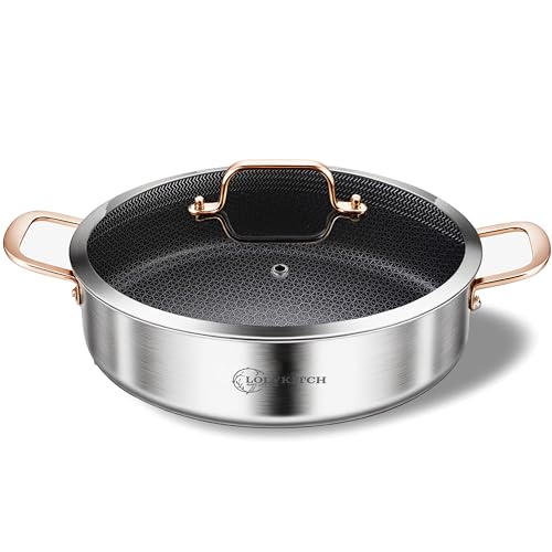 LOLYKITCH 6 Quarts Hybrid Tri-Ply Stainless Steel Sauté Pan with Lid,Induction Large Skillet, Jumbo Cooker,Dishwasher & Oven Safe
