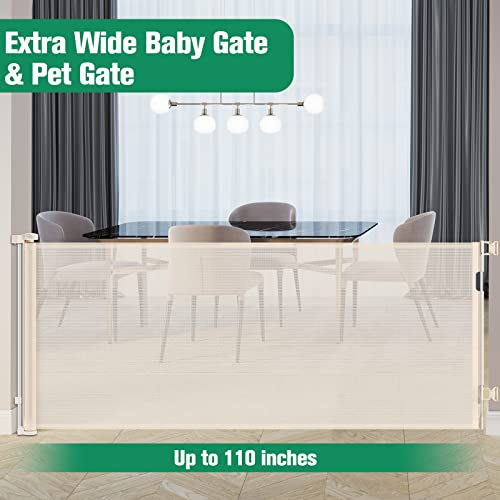 75 Inch Wide Retractable Baby Gate Retractable Dog Gate Indoor/Outdoor Retractable Gate, Long Baby Gate Wide Dog Gates for The House, Mesh Baby Gate Retractable Child Gates for Doorways/Stairs, Beige