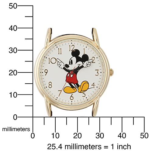 DISNEY Mickey Mouse Adult Classic Cardiff Articulating Hands Analog Quartz Leather Strap Watch, Gold/Black