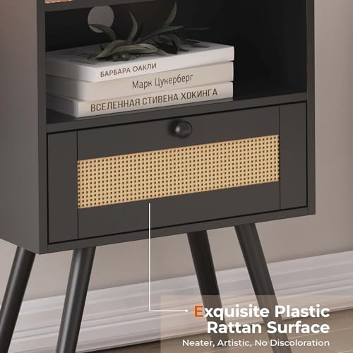 SUPERJARE Nightstand with Charging Station & Rattan-Like Decor Drawer, Rattan End Table with Solid Wood Feet, Bed Side Table with Open Storage, for Bedroom, Living Room, Dormitory - Black - 8021BC