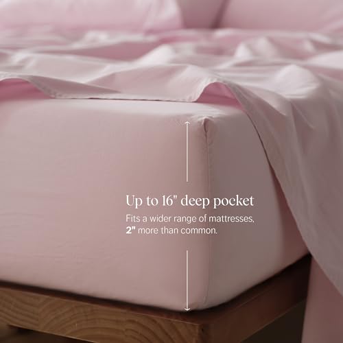 Double Stitch 100% Organic Cotton Sheet Set Queen - 300 TC Luxury Hotel Sateen Weave, GOTS Certified Long Staple Cotton, Made in India, 1 Fitted Sheet, 1 Flat Sheet, 2 Pillowcases, Blush Pink
