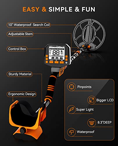SUNPOW Metal Detector for Adults, Professional Waterproof High Accuracy Metal Detector, 10'' Detection Depth, Pinpoint & Disc & Notch & All Metal & Volume Modes, Strong Anti-Interference-GC-1083
