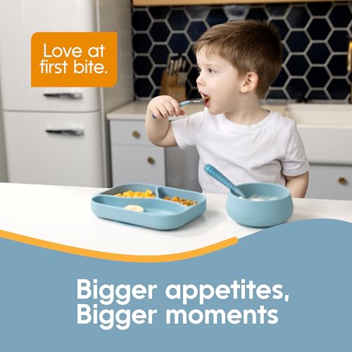NumNum Toddler Utensils, Pre-Spoon, Fork & Spoon GOOtensils - 4th Stage Silverware Feeding Kids Aged 2+ Years w/Stainless Steel Heads - Silicone Food Feeding Supplies - Set of 2, Pacific Blue