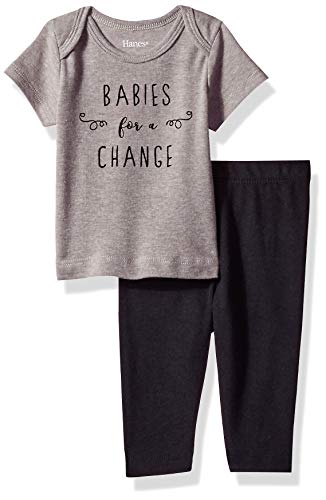 Hanes Ultimate Baby Flexy 2 Piece Set (Pant with Short Sleeve Crew Tee), Grey/Pink Stripe, 0-6 Months